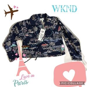 Wknd‎ “Meet me in Paris” collection. Cute Boho style top. Navy blue, sz 6/7 NWT